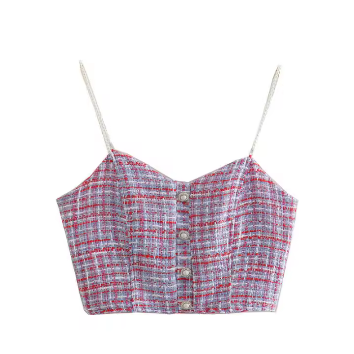 OUWU- Moda 2025 A Cuadros Y2K Sexy Mujer Cadena De Perlas Sexy Cami Top + Borla Vaina Mini Falda Joyería Botón Dulce Mujer Conjuntos - 1