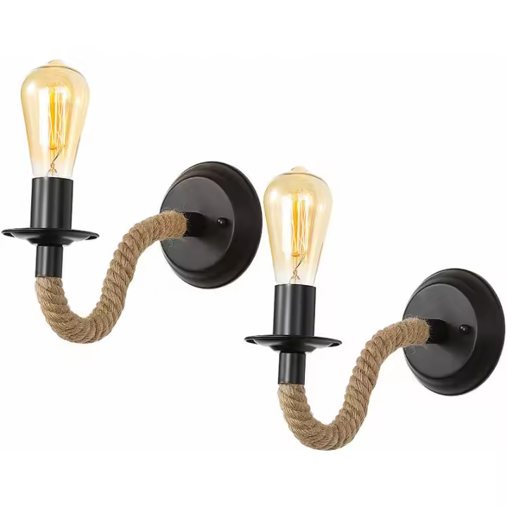 Lámpara de Pared de Hemp Rope Vintage 2 Piezas Ajustable 180° Ideal para Pasillo, Dormitorio, Café, Restaurante Sin Bombilla - 1