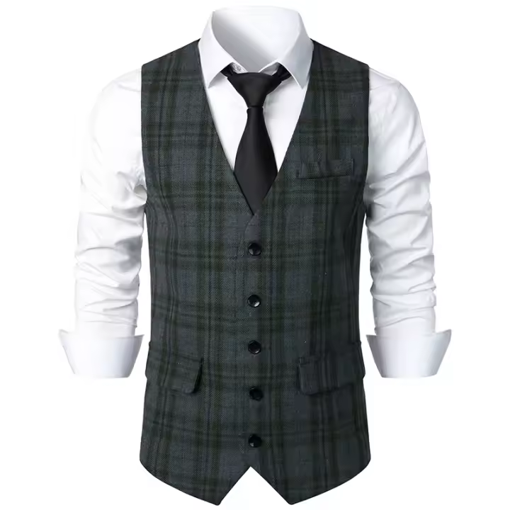 Chaleco de traje formal para hombre, chaleco de tweed con cuello en V, chalecos de traje de vestir para negocios para boda - 1