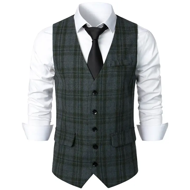 Chaleco de traje formal para hombre, chaleco de tweed con cuello en V, chalecos de traje de vestir para negocios para boda - 1