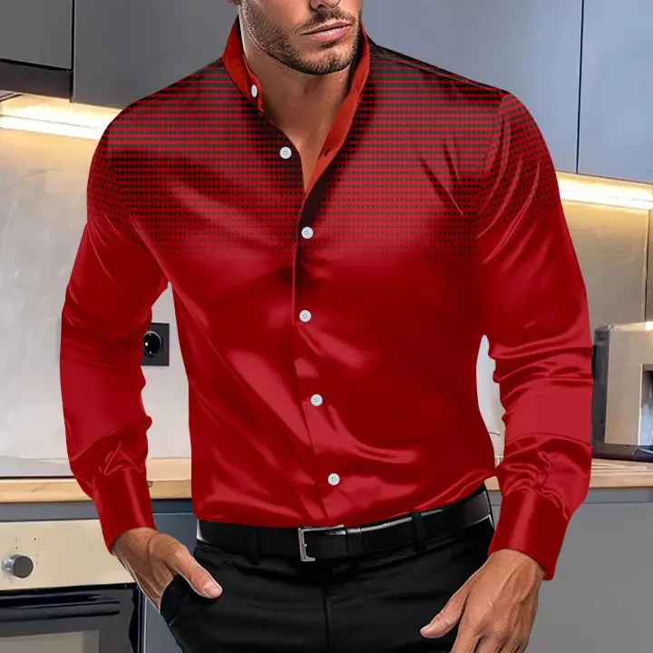 Camisa de manga larga con cuello levantado informal para uso diario con estampado de puntos Pop de cuatro lados para hombre nueva primavera y otoño - 1