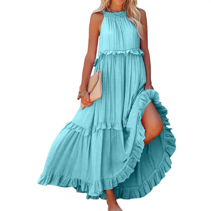 Vestido De Camisola Para Mujer Estilo Europeo Y Americano Verano Nuevo Con Aros Largo Y Volante Sin Mangas Cuello En V Vestido Largo - 1