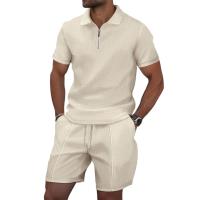 Conjunto de dos piezas de verano 2025 para hombre, color sólido, solapa con cremallera, manga corta, traje y pantalones cortos. - details 0