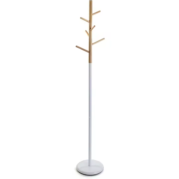 Perchero de Pie Minimalista 171 x 28 x 28 cm Metal y Madera 6 Ganchos para Ropa o Bolsos Blanco - 1