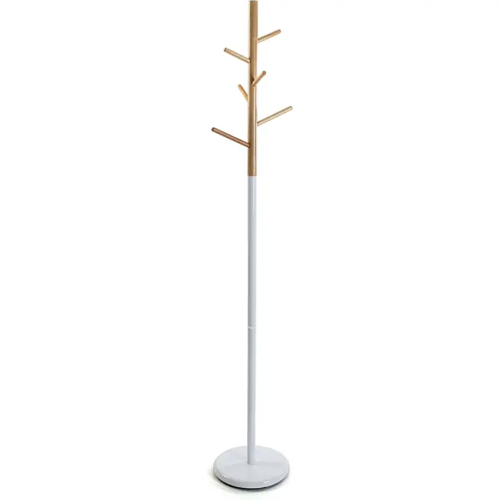 Perchero de Pie Minimalista 171 x 28 x 28 cm Metal y Madera 6 Ganchos para Ropa o Bolsos Blanco - 1