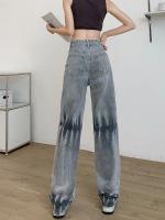 Pantalones vaqueros grises para mujer, pantalones rectos de cintura alta con tinte anudado, pantalones de pierna ancha holgados Vintage, pantalones vaqueros informales de autocultivo para mujer de verano - details 3