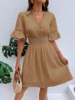 Vestido Blanco Puro de Verano Cintura de Encaje con Parche de Moda Cuello en V Manga Corta - details 21