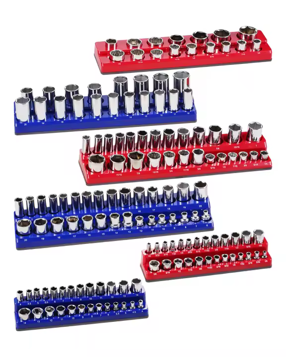 SucceBuy Juego de organizador de enchufes magnéticos, 6 piezas, 1/4'', 3/8'', 1/2'' SAE y métrico, capacidad para hasta 143 piezas, etiquetas transparentes, azul y rojo (enchufes no incluidos) - 1