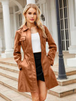 Gabardina cortavientos de piel sintética para mujer, chaquetas con cinturón, abrigo largo medio - details 18