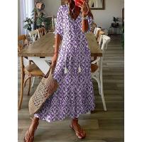 Vestido largo casual de verano y primavera, dulce, suelto, con cuello en V, estampado de barba y manga media. - details 5