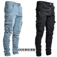 Nuevos pantalones vaqueros para hombre, pantalones vaqueros lavados de Color sólido con múltiples bolsillos, pantalones vaqueros Cargo de cintura media, pantalones casuales de moda de talla grande, ropa diaria para hombre - details 0