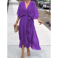 Vestido de verano para mujer, cuello en V, manga corta, plisado, Irregular, rojo, elegante, falda Midi negra para fiesta para mujer - details 13