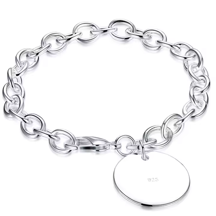 Pulsera con colgante de plata de ley 925 para mujer, brazalete redondo liso, joyería de moda - 1