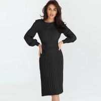 Vestido de ganchillo plisado para mujer con cuello redondo, vestido de punto, manga larga, elegante y bonito, color sólido - details 1