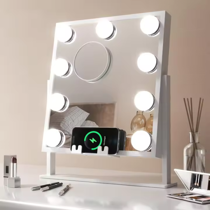 Fancii Hollywood Vanity Lights, recargable - 9 bombillas LED regulables, espejo de maquillaje grande iluminado con cargador de teléfono, 10X - 1