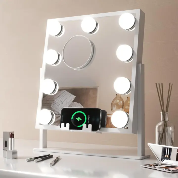 Fancii Hollywood Vanity Lights, recargable - 9 bombillas LED regulables, espejo de maquillaje grande iluminado con cargador de teléfono, 10X - 1