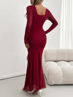 Vestido de malla con cuello en V, elegante y entallado, de manga larga para mujer, otoño invierno - details 14