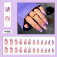 24pcs Uñas Postizas De Acrílico Long Almond Con Diseño De Mariposa Negra Y Flores Moradas Estilo Francés Para DIY - details 2