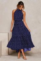 Vestido largo de mujer europea y americana 2025, nuevo vestido con cordones, estampado de lunares y cuello. - details 23