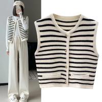 Chic Cardigan Coreano Elegante Camiseta Larga sin Mangas para Mujer Rayas Casuales - details 1