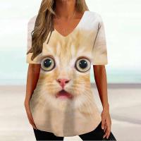 Camiseta Gráfica de Gato Kawaii Manga Corta, Estampado Haruku, Cuello en V, Ropa Suelta para Mujeres - details 5