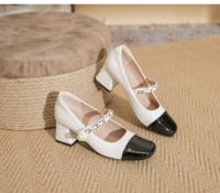 Zapatos Mary Jane de tacón alto de 5 cm, color negro y blanco a juego, punta cuadrada, de cuero francés. - details 17