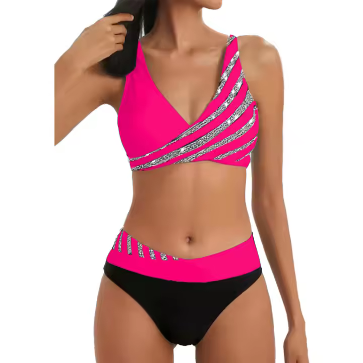 Traje de baño para mujer, bikini sexy, bikini brasileño de malla a rayas, conjunto de bikini para mujer, bañador de banda con escote en u - 1