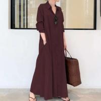 Vestidos sencillos e informales de Color liso para mujer, vestidos largos holgados con solapa y manga de un solo pecho, Vestidos para ir al trabajo - details 5