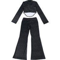 BUNO-Conjunto de 2 piezas de retazos a rayas para mujer, Tops de manga larga con escote y cuello bajo + Pantalón recto con cintura elástica, traje de tendencia urbana - details 11