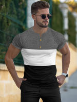 Camiseta deportiva informal de manga corta de verano para hombre, con costuras tricolores y cuello en V con muescas, estilo Henry - details 26