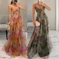 Vestido largo sexi con cuello en V para mujer, ropa de fiesta calada, ropa de verano con estampado a la moda, sin mangas - details 5