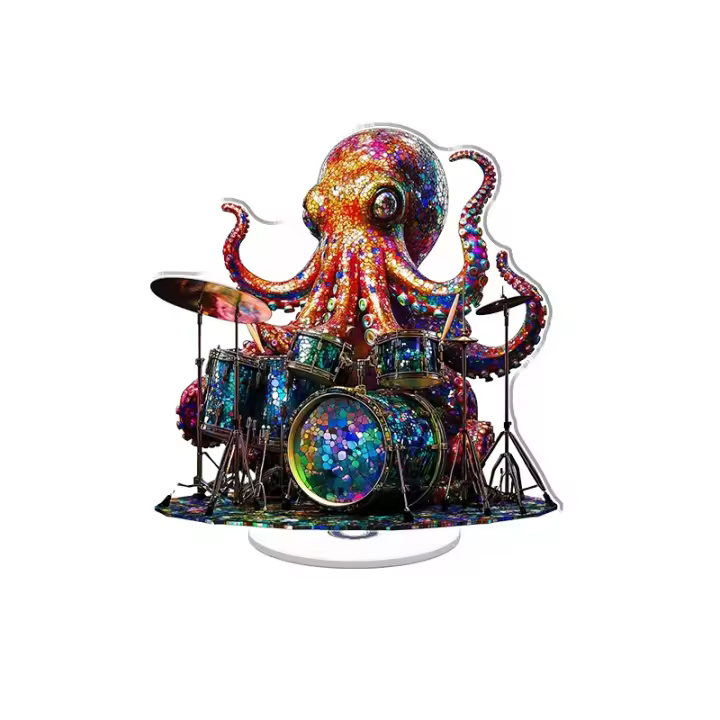 La pantalla acrílica giratoria presenta un pulpo gigante tocando la batería con colores vibrantes y efectos de brillo sobre un fondo blanco para un impacto visual llamativo. - 1