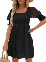 Vestido de verano de las mujeres 2023 Casual Flowy Beach Cuello cuadrado Linterna Manga corta Plisado Una línea Vestido Tie Mini vestido - details 2