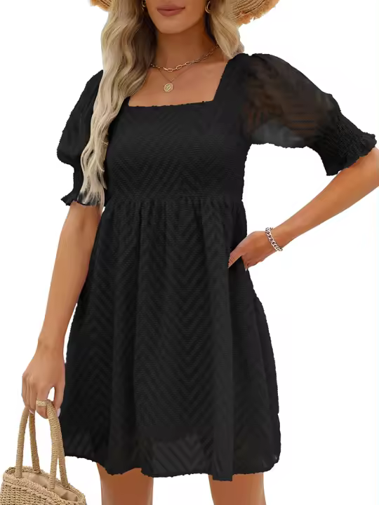 Vestido de verano de las mujeres 2023 Casual Flowy Beach Cuello cuadrado Linterna Manga corta Plisado Una línea Vestido Tie Mini vestido - 1