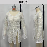Vestido playero de manga larga para mujer, cárdigan de punto transparente con ribete de encaje, ropa de malla para resort, pareo de baño para vacaciones de verano - details 4