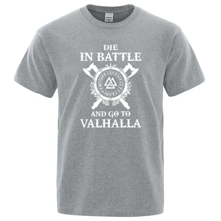 Camiseta con estampado vikingo para hombre, lema 'You Die in Battle, Go to Valhalla', ropa de marca, estilo hip-hop, verano, talla grande - 1