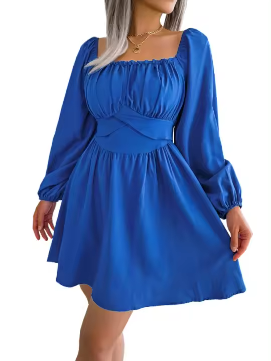 Vestido de verano 2025 para mujer con cuello cuadrado, volantes, cintura ajustada y color sólido. - 1