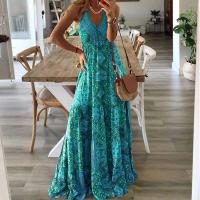 Vestido ral estampado con cuello en V y cintura alta, largo, con tirantes, estilo bohemio, para mujer - details 3