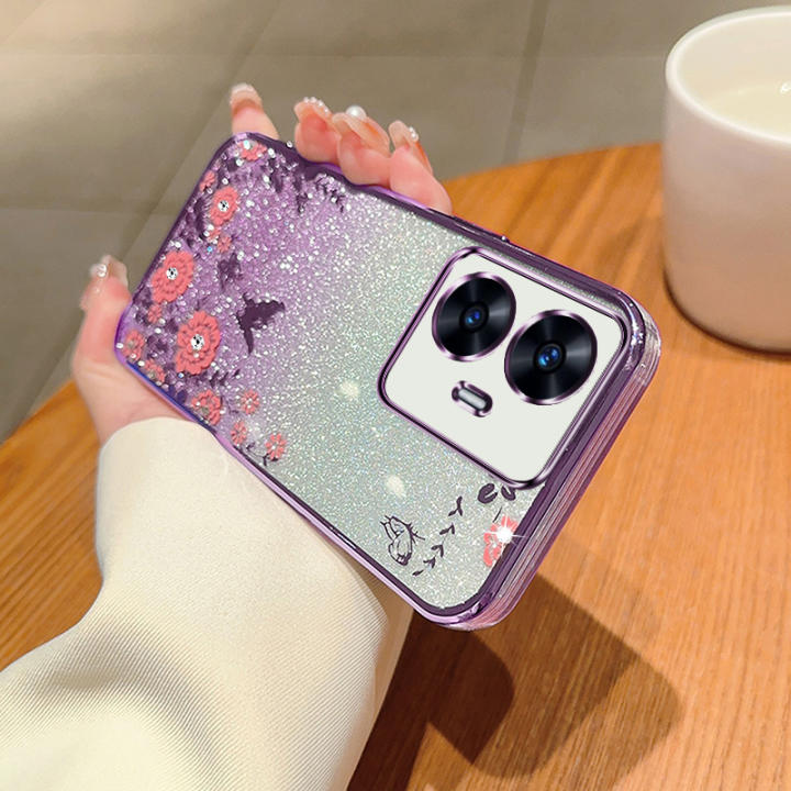 Custodia In Silicone Con Glitter Per Realme C35 | Morbida, Trasparente, Viola | Protezione Antiurto