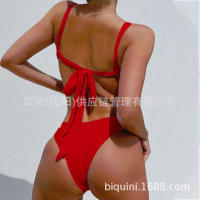 2025 nuevo bikini sexy de color sólido con cordones de una pieza con traje de baño negro ahuecado sin espalda para mujer - details 17