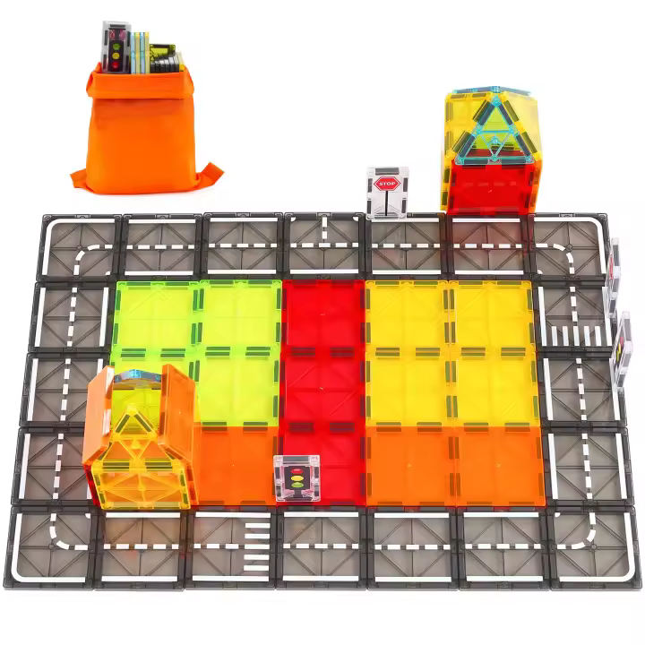 SucceBuy Juego de 56 piezas de bloques de construcción de carreteras magnéticas, juguetes de construcción magnéticos con bolsa de almacenamiento, juguetes educativos apilables STEM - 1