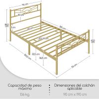 Cama Individual con Espacio Bajo Marco Metal Altura 32 cm Cama Individual con Cabecera para Colchón de 90 x 190 cm Blanco - details 46