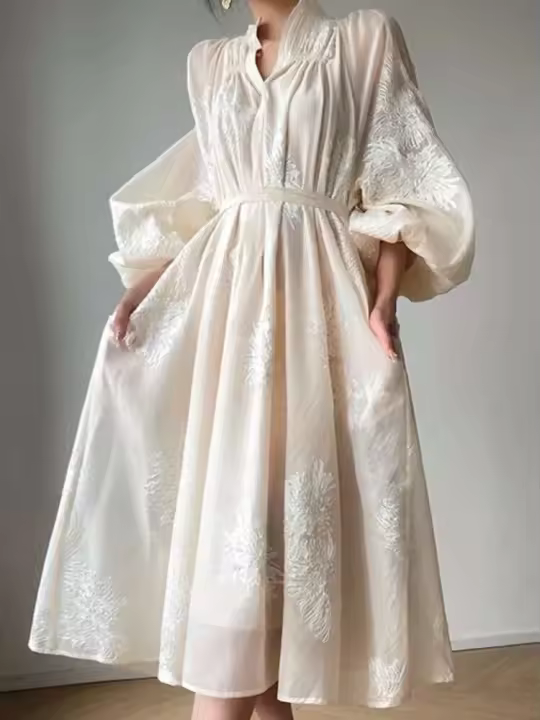Vestidos de fiesta de noche bordados para mujer, vestido elegante Vintage informal con mangas abullonadas, moda femenina - 1