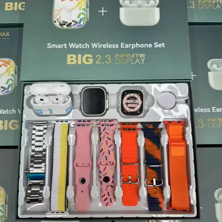 Reloj inteligente con pantalla HD de 2,3 pulgadas, dispositivo con 7 correas intercambiables y auriculares, Bluetooth, llamadas, música, juegos - 1