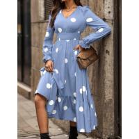 Moda femenina 2024 Primavera Vestido acampanado de manga larga con cuello en V y estampado de lunares - details 1
