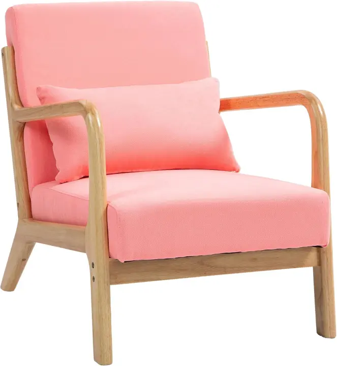 Butaca de Salón Butaca Nórdica Sillón de Salón con Reposabrazos Cojín y Marco de Madera de Caucho para Dormitorio Carga 120 kg 61x78x76 cm Beige - 1