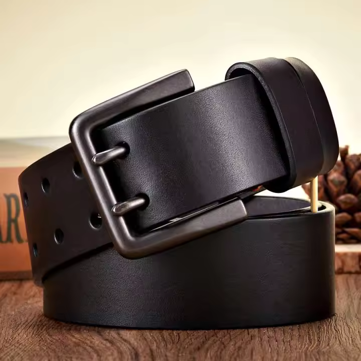 Cinturón informal de piel de vaca auténtica de 4,3 cm de ancho y grueso para hombre, hebilla doble, correa de negocios para jeans - 1