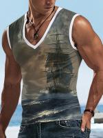 Chaleco con cuello en V para hombre, moda urbana de verano, top para deportes al aire libre, chaleco holgado y cómodo con estampado de barco pirata - details 2