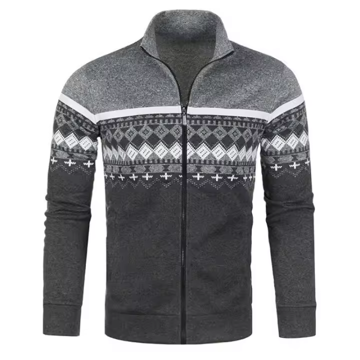 2025 Chaqueta de jacquard fina y holgada informal con cuello levantado de terciopelo para hombre, suéter de punto, estilo - 1