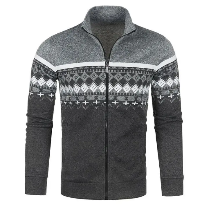 Chaqueta de jacquard fina e informal con cuello levantado de terciopelo para hombre, suéter de punto, nuevo estilo - 1